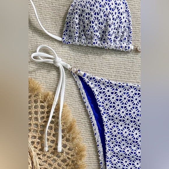 White Crochet Blue Underlay Pearl Accents Side Tie Bikini Set - Picture 8 of 12